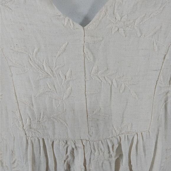 VERSONA! CREAM LINEN BLEND BOTANICAL EMBROIDERED BACK TIE SUN DRESS! SZ L - Picture 5 of 10